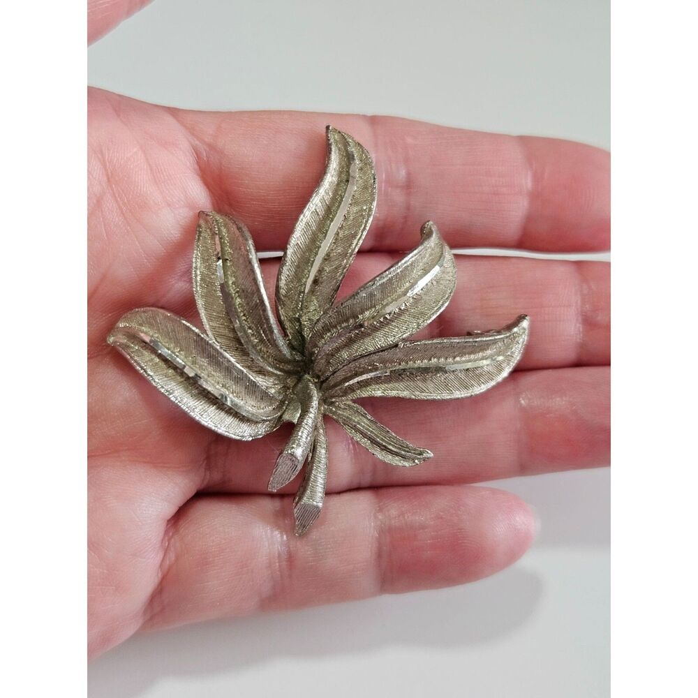 J.S. Silver Tone Vintage Leafy Feathery Brooch